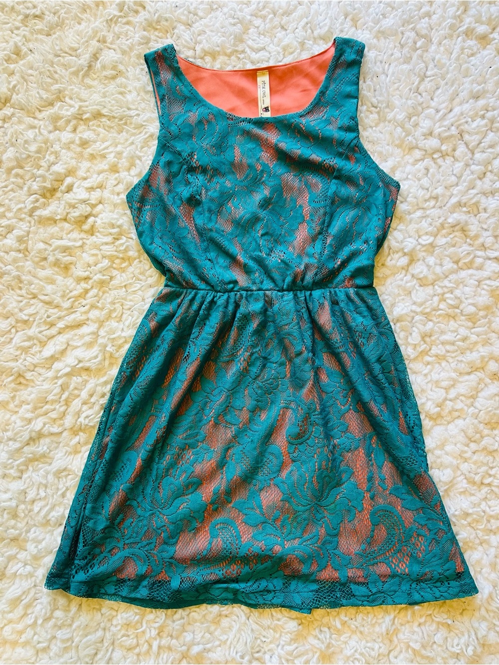 Rare vintage Teal Lace Overlay Dress with Coral Lining